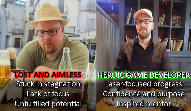 A portrait of Kenneth Dunlop, Game Development Coach, before and after his transformation